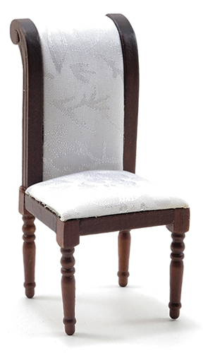 Dollhouse Miniature Side Chair, Walnut with White Fabric